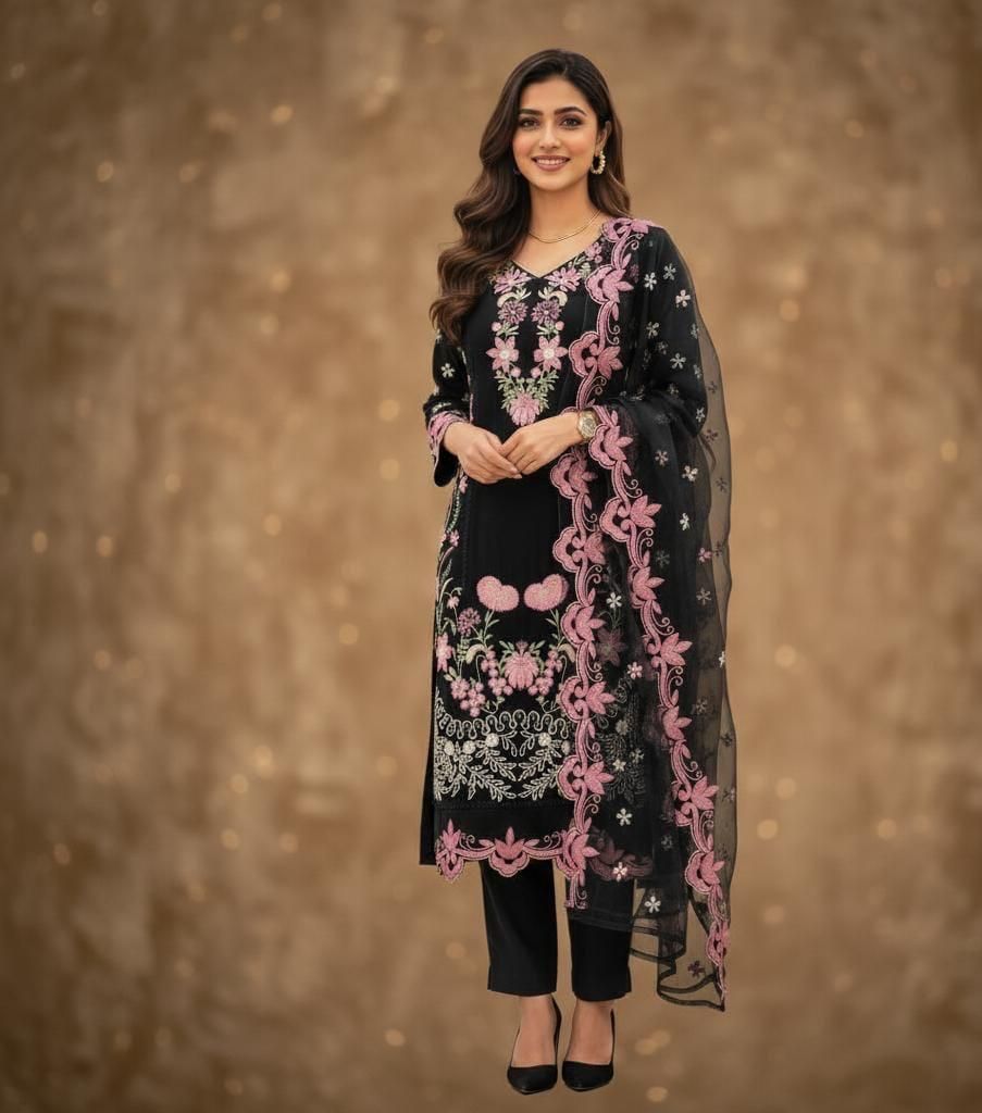 Ladies Black Embroidered Organza Fabric Suit
