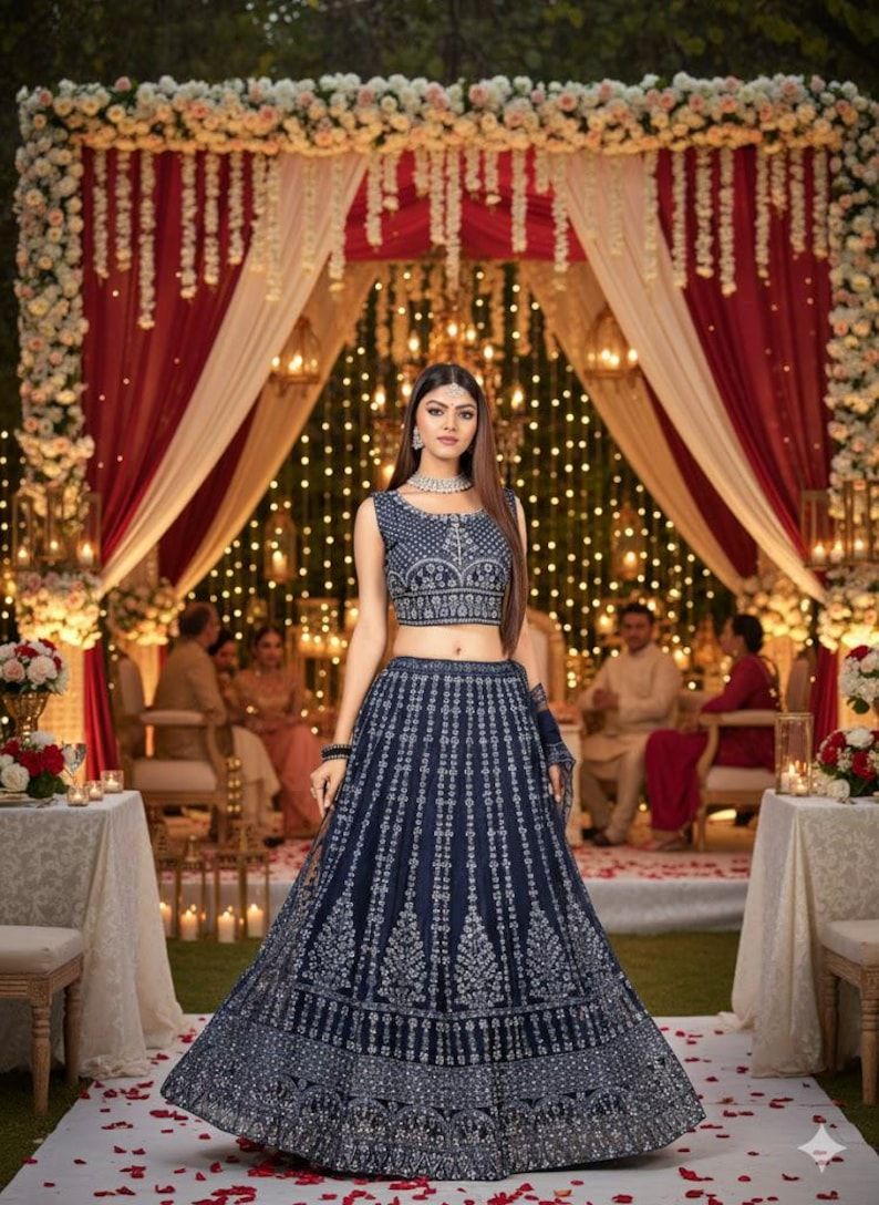 Ladies Navy Blue Embroidered Lehenga Choli Set