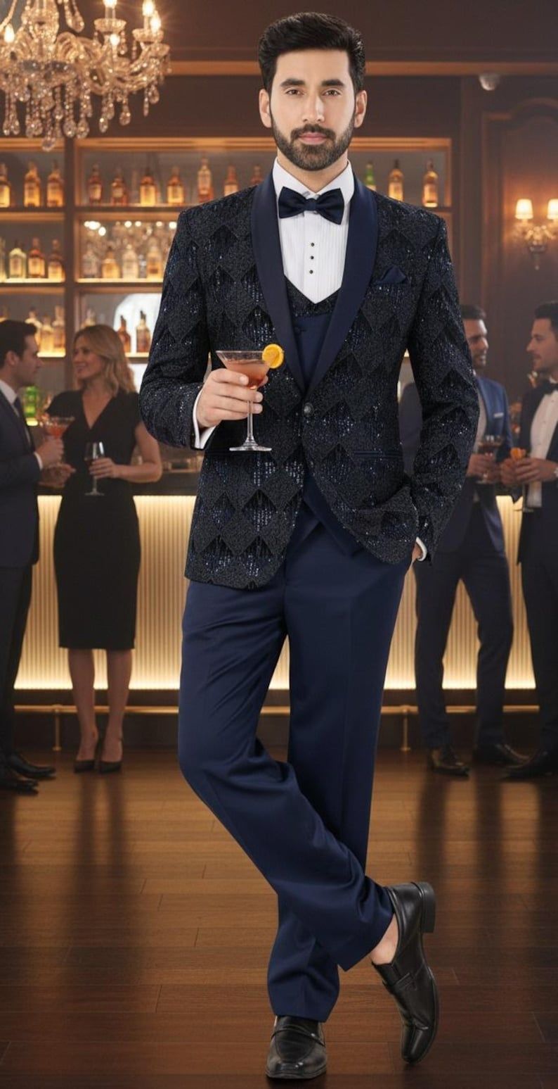 Mens Black Sequin Slim Fit Tuxedo Suit