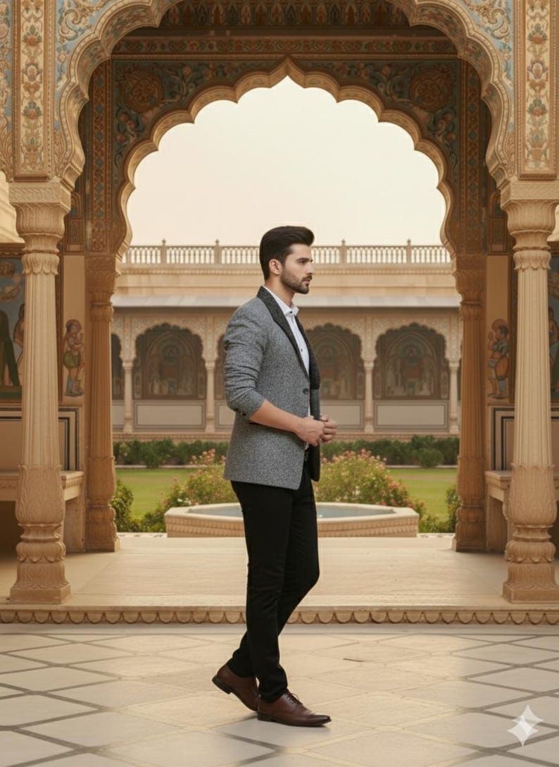 Mens Grey Textured Slim Fit Blazer Set