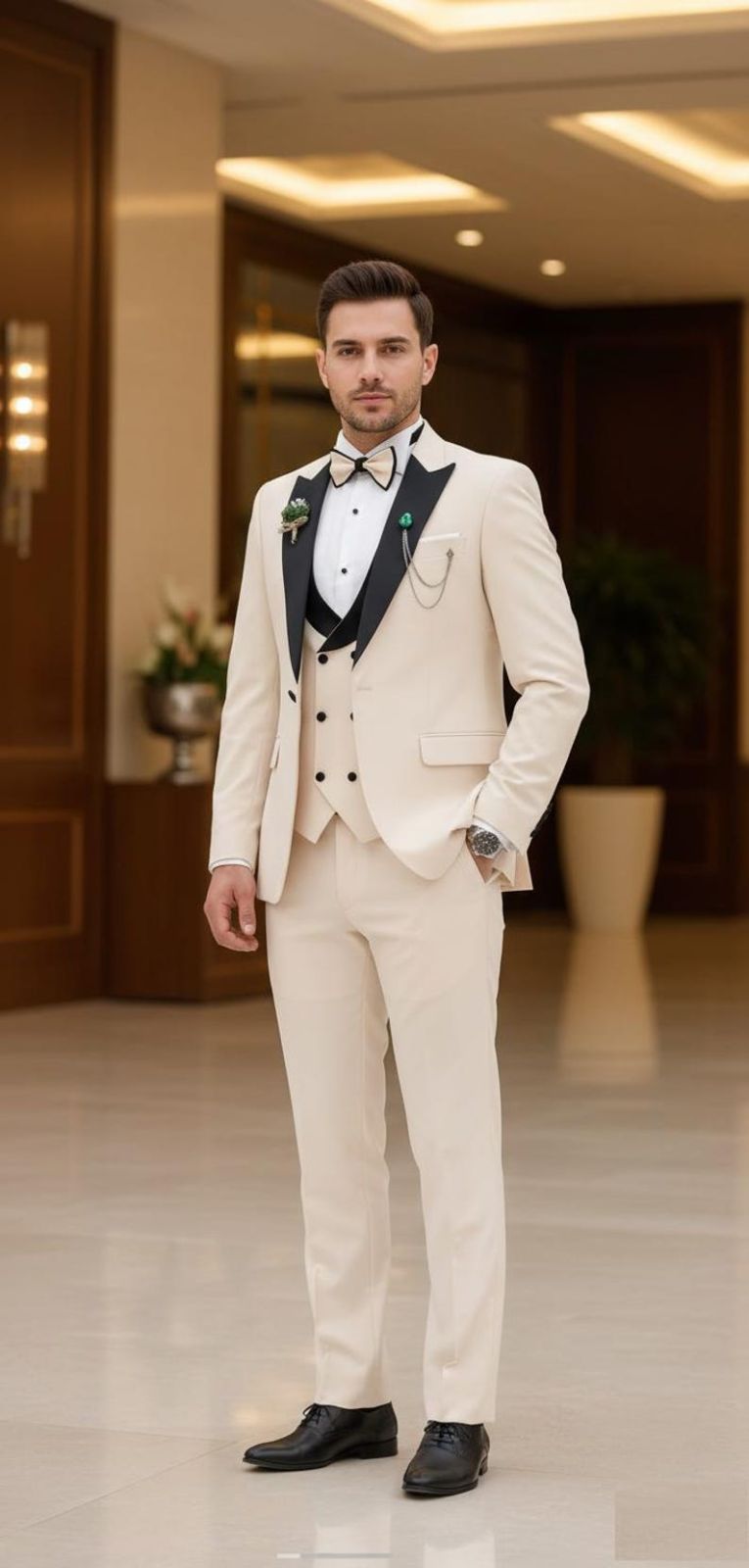 Mens Ivory Black Lapel 3 Piece Wedding Tuxedo Suit