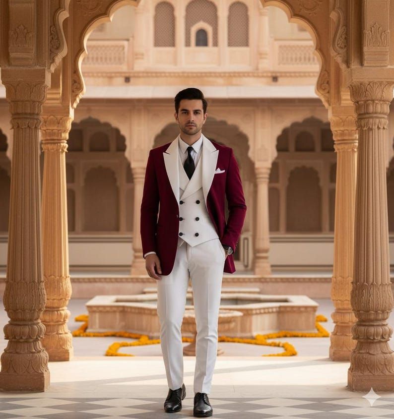 Mens Maroon 3 Piece Wedding Groom Suit