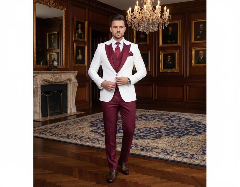 Mens Maroon 3 Piece Wedding Party Suit