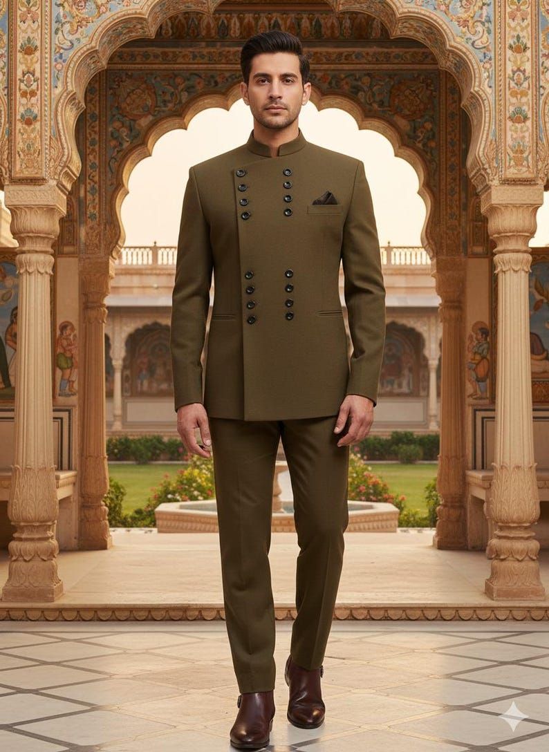 Mens Olive Green Slim Fit Jodhpuri Suit