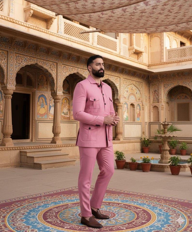 Mens Pink Indo Western 2 Piece Suit