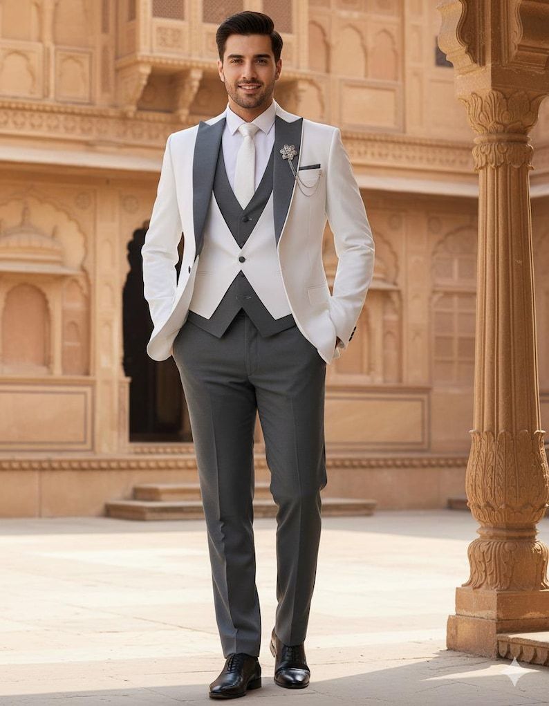 Mens White 3 Piece Wedding Tuxedo Suit