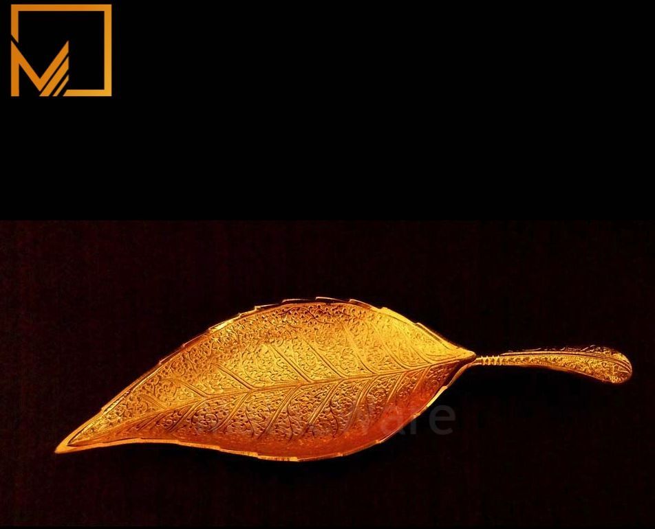 Handcrafted Golden Leaf Brass Tray