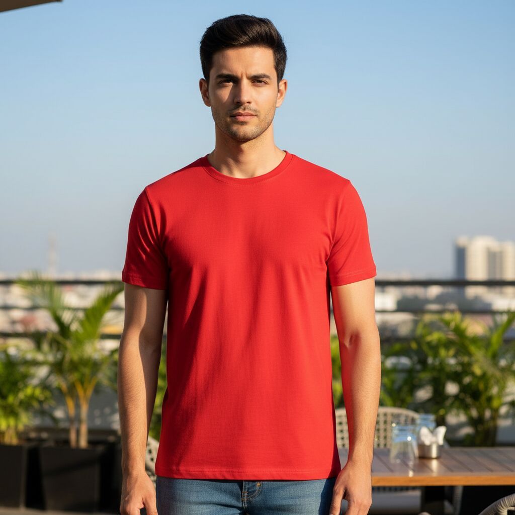 Mens Red Cotton Round Neck T-Shirt