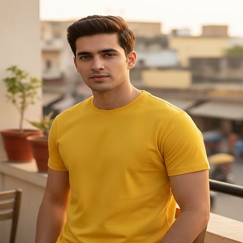 Mens Yellow Cotton Round Neck T-Shirt