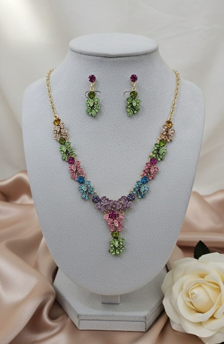 Coloful Flower Enameled Rhinestone Necklace Set