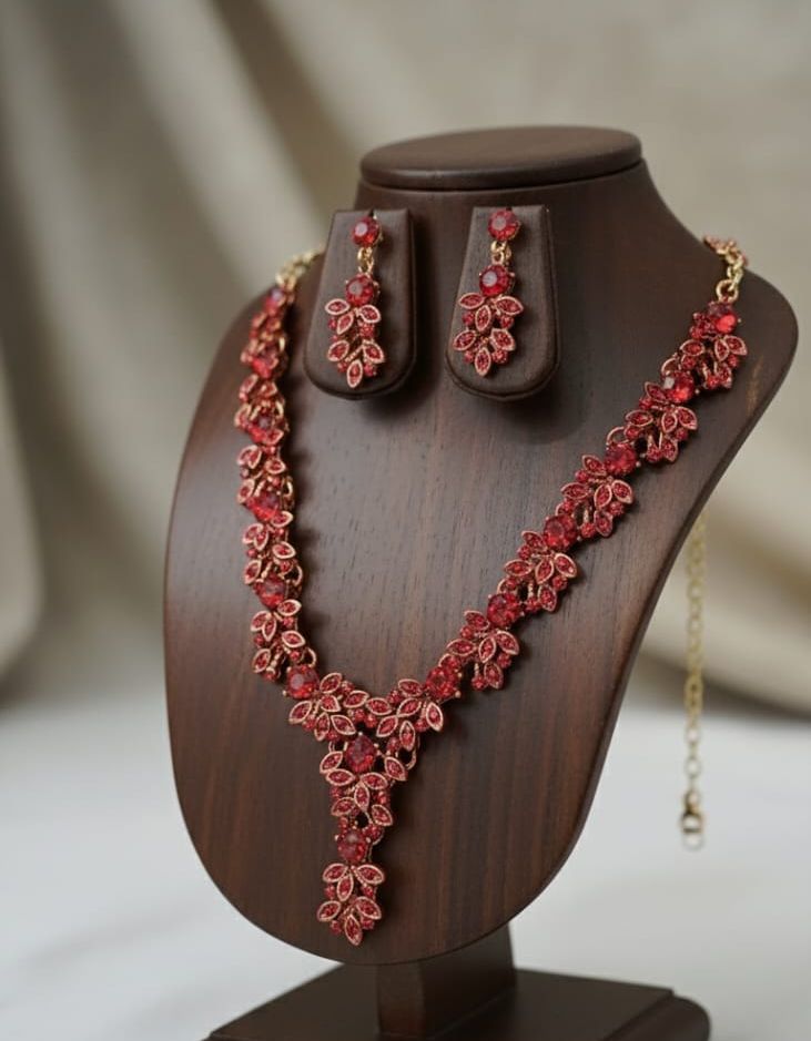 Maroon Imitation Diamond Marquise Bridal Jewelery Set