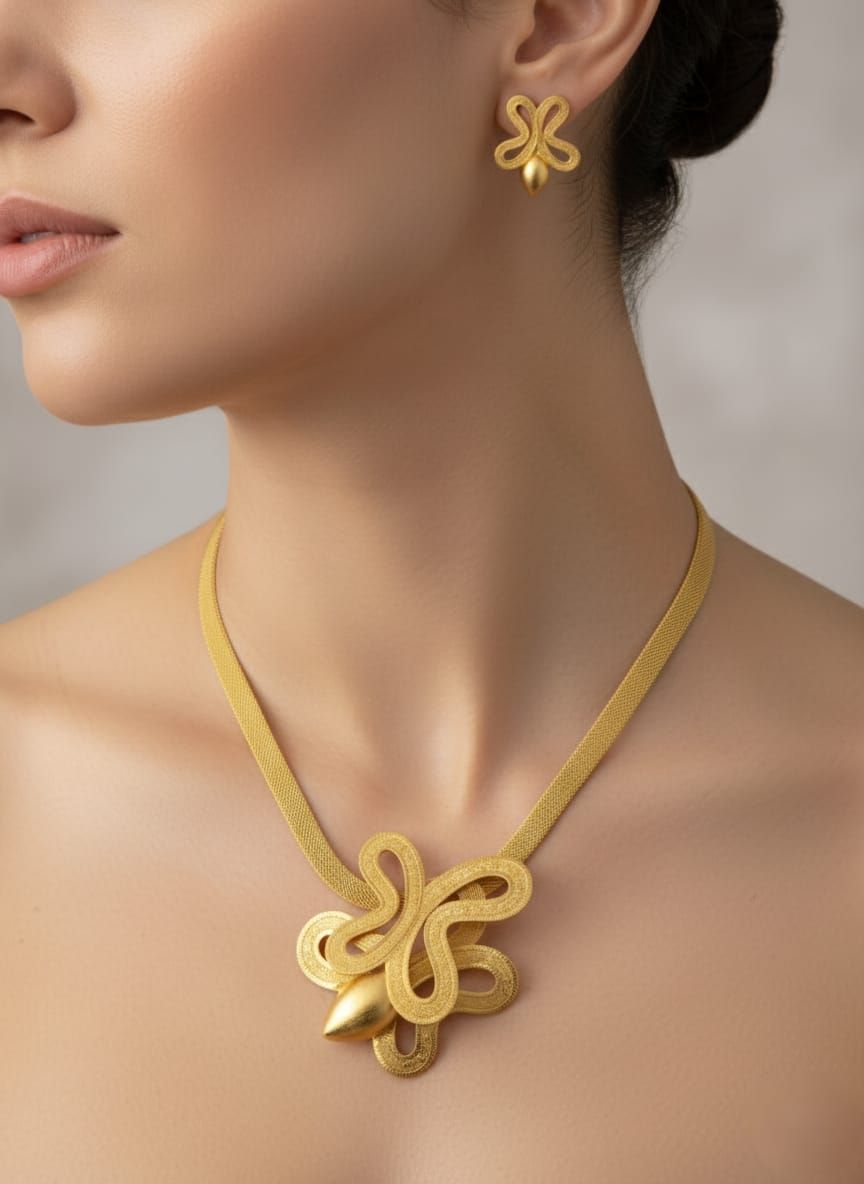 Matte Gold Finish Abstract Flower Artificial Necklace Set