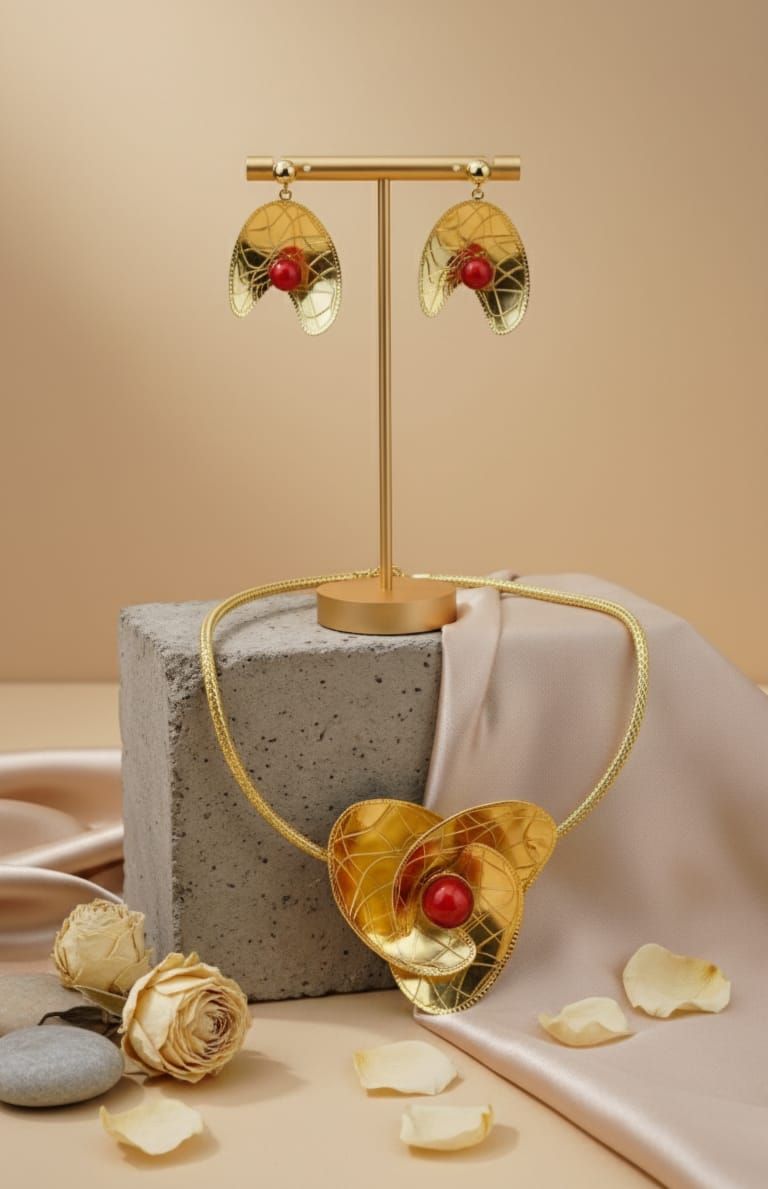 Red Bread Accent Gold Toned Necklace Set