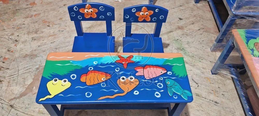 Rectangular Wooden Aquatic Design Kids Table with Chair