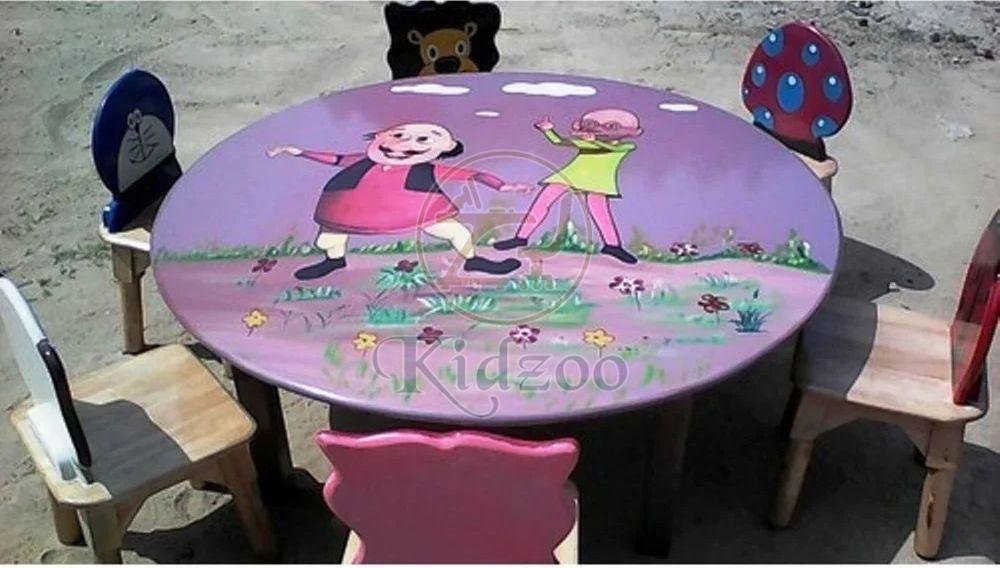 Round Wooden Play School Table Set with Motu Patlu Theme