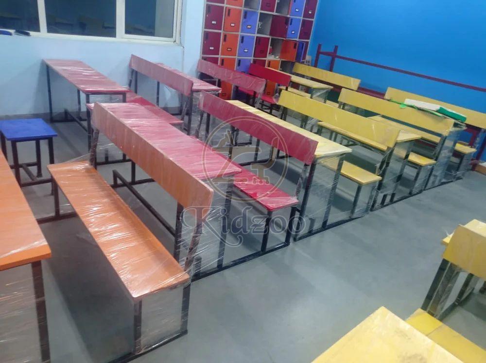 Wooden School Desk with Attached Bench 2 Seater