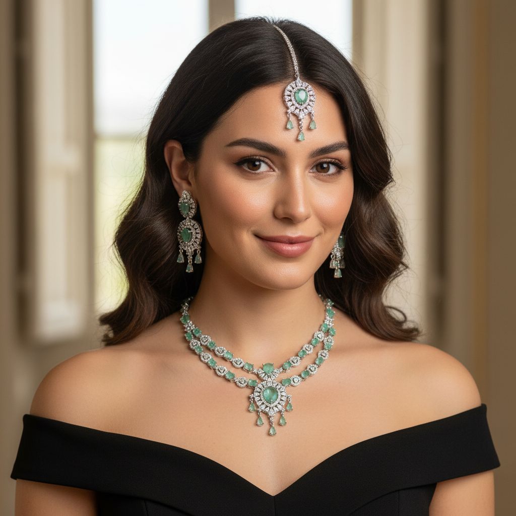 Premium Mint Green Cz Stone Necklace Set