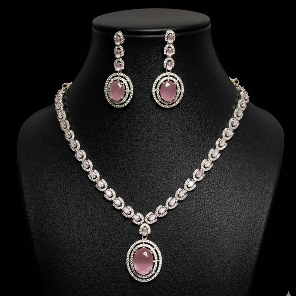 Romantic Pink Cz Necklace Set