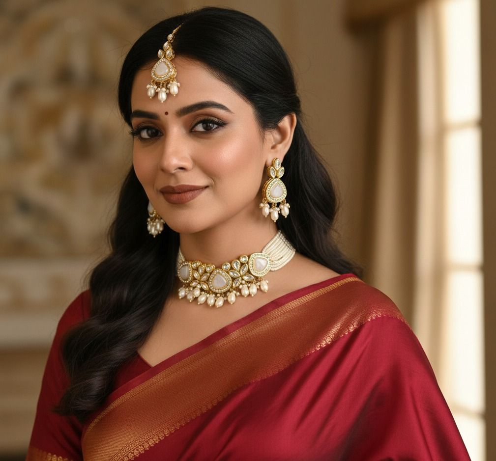 Traditional Gold-Tone Pearl Choker Necklace Set