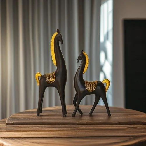 Black Polyresin Horse Showpiece Set with Golden Hair