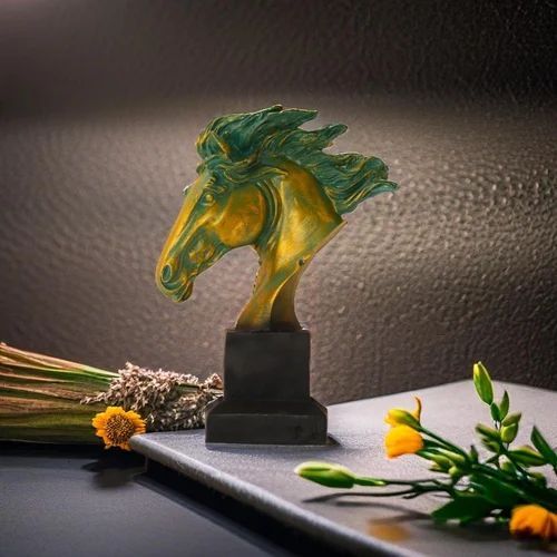 Polyresin Green and Golden Horse Head Statue