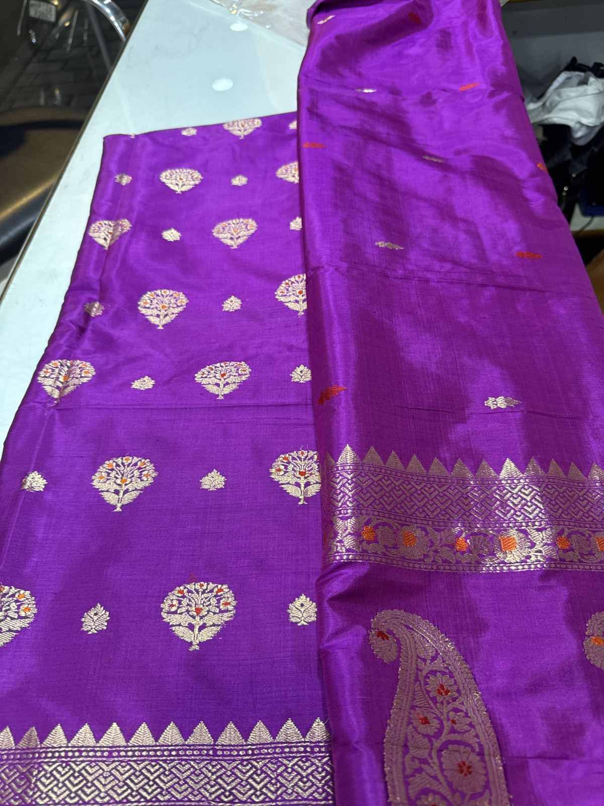 3 Piece Purple Butti Weaving Pure Katan Silk Suit