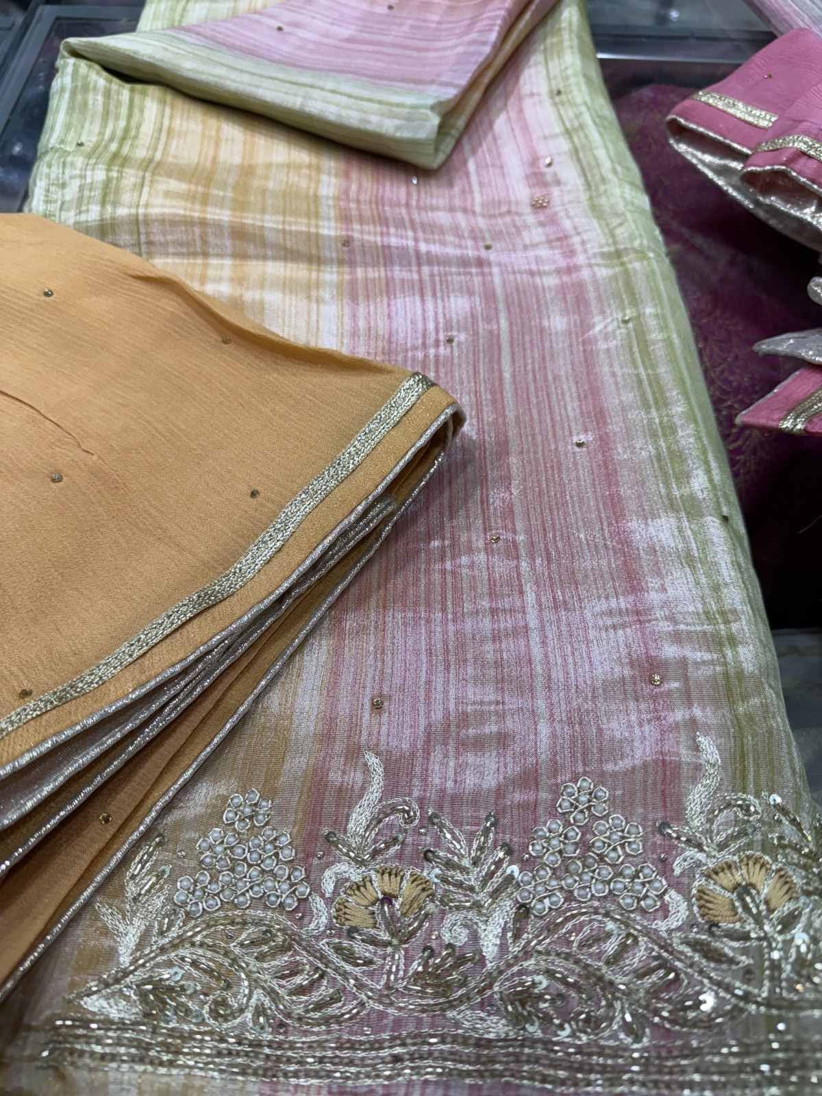 Border Work Embroidered Shimmer Silk Suit