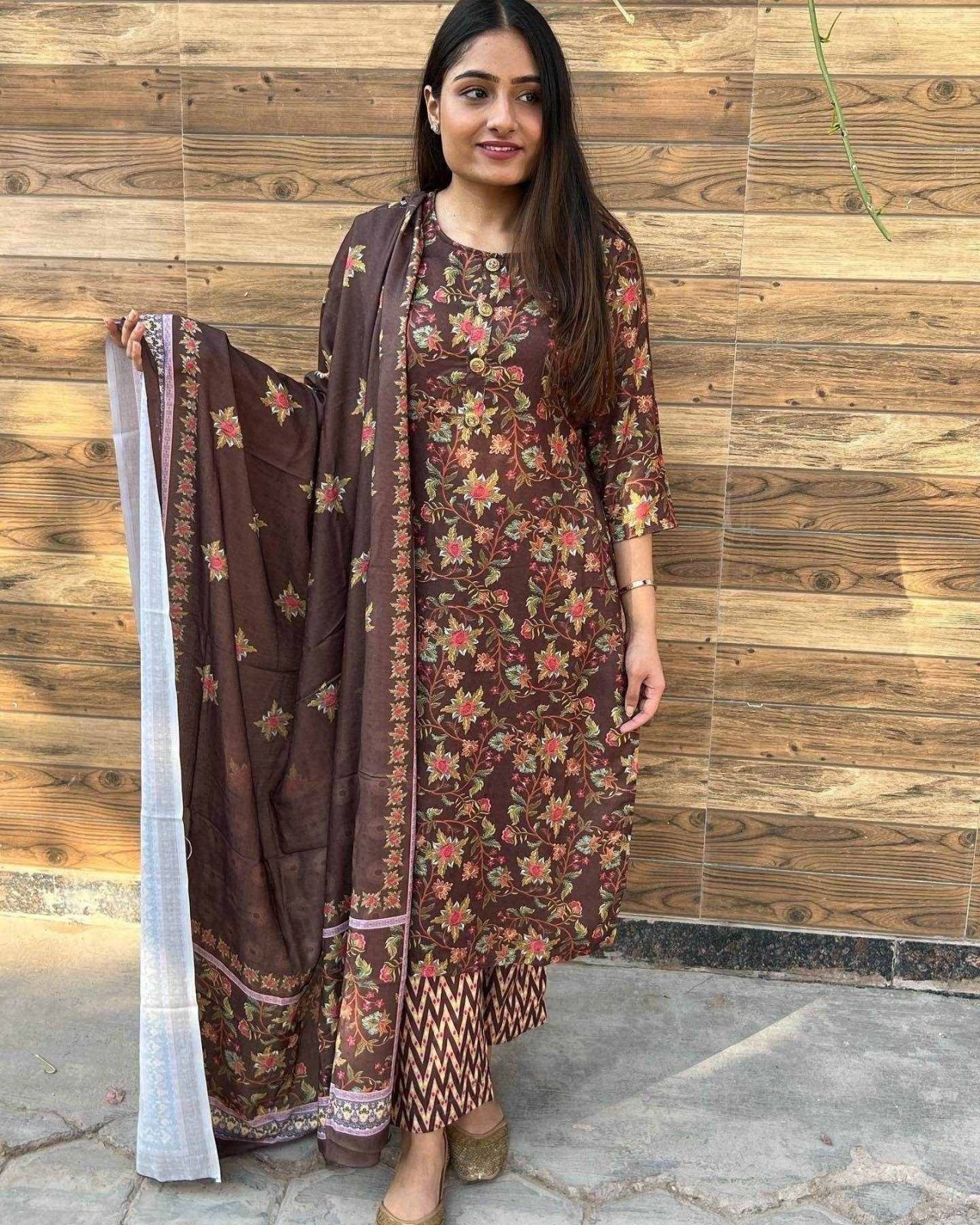 Browm Resham Weaving Ladies Woollen Suit