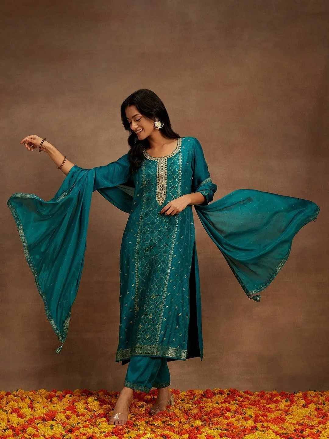 Dark Green Embroidered Ladies Silk Suit