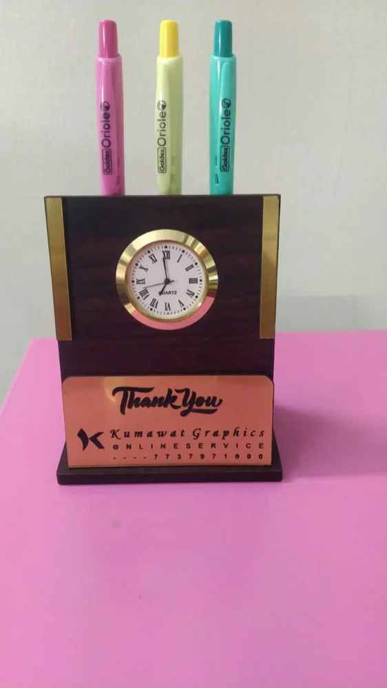 Wooden Table Clock Pen Stand