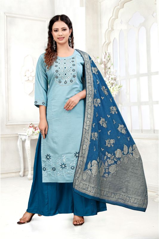 Ladies Cotton Blue Kurta With Palazzo Set