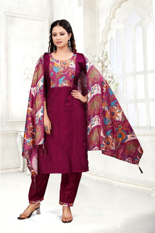 Ladies Cotton Wine Kurta With Pant Set