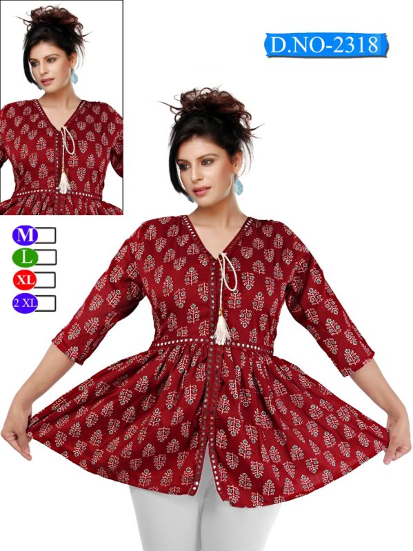 Ladies Maroon Cotton Blend Printed Short Frock Kurti