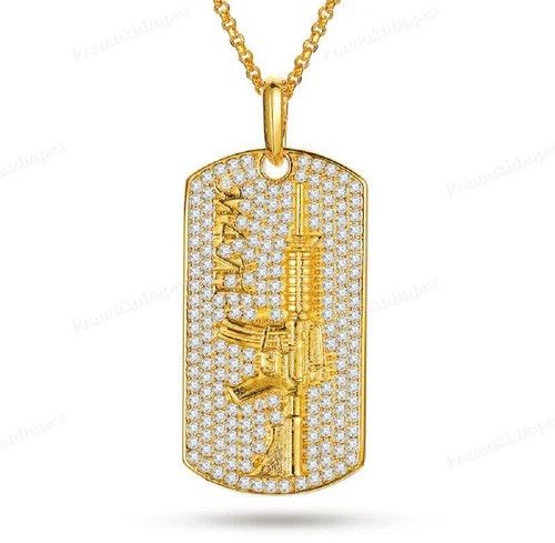 14K Gold Plated Iced Out Submachine Gun Tag Sterling Silver Pendant