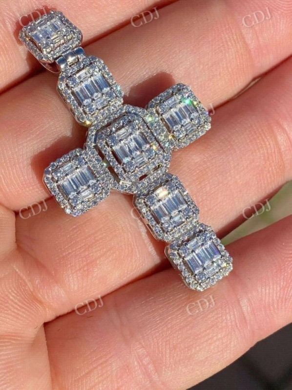 Baguette Moissanite Diamond  Iced Cross Gold Plated Sterling Silver Pendant