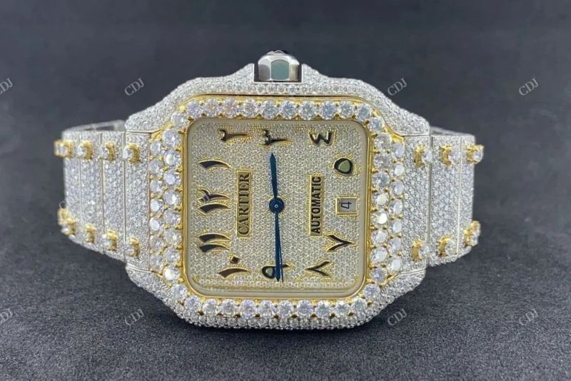 Men Iced Out Arabic Numeral Round Moissanite Diamond Watch