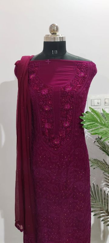 Dark Magenta Cotton Embroidery Unstitched Suit