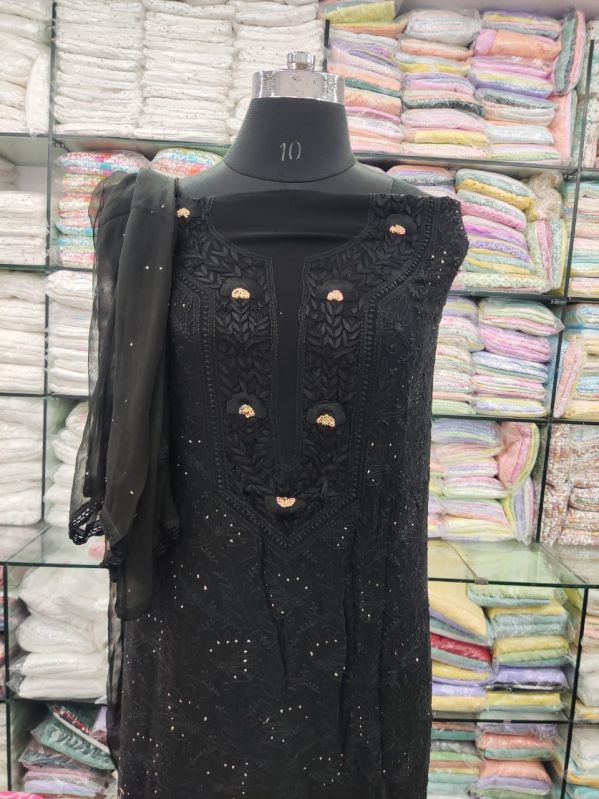 Ladies Black Cotton Embroidered Unstitched Suit