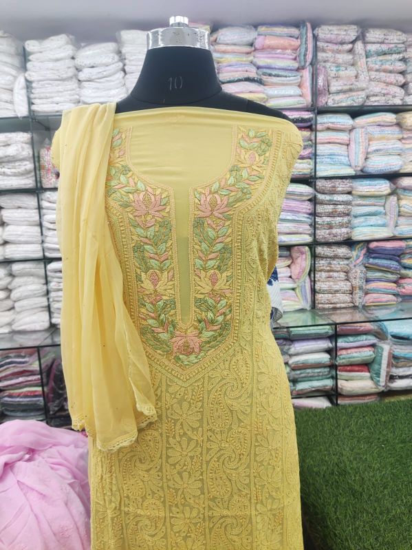 Ladies Lemon Yellow Embroidered Cotton Suit