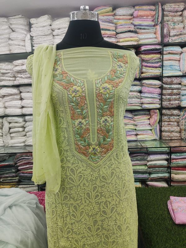 Pista Green Embroidered Cotton Unstitched Suit