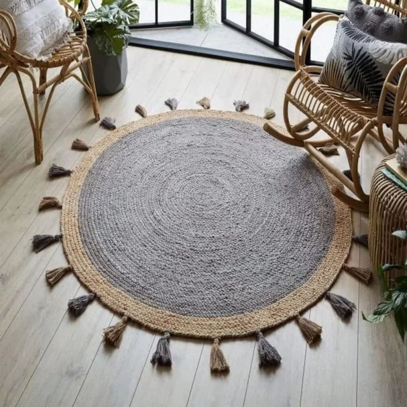 Plain Beige Gray Round Hand Braided Jute Rug