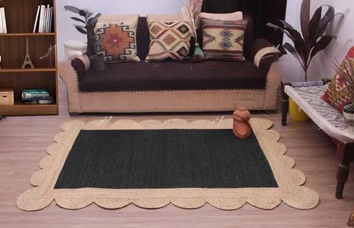 Plain Scalloped Black Natural Jute Rug