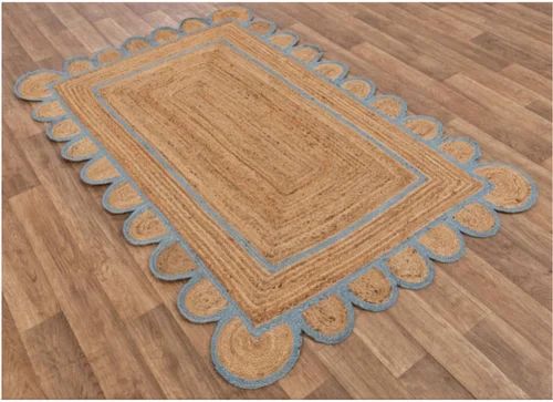 Plain Scalloped Blue Border Jute Rug