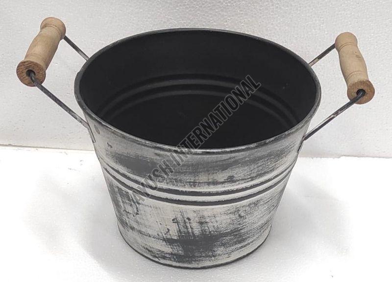 Black Round Iron Outdoor Planter with Handle