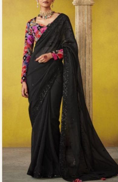 Ladies Party Wear Black Organza Saree