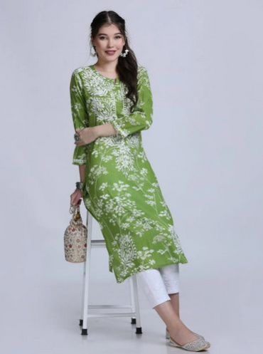 Lucknowi Mulmul Green Printed Kurti