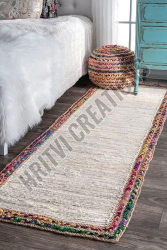 Off White and Multicolor Border Jute Cotton Rug