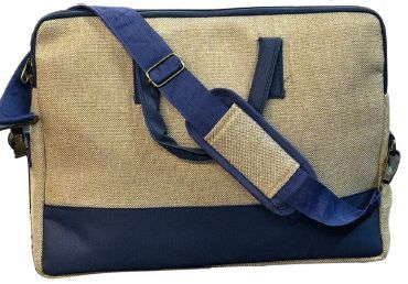 Hand Handled Beige And Navy Blue Jute Laptop Bag