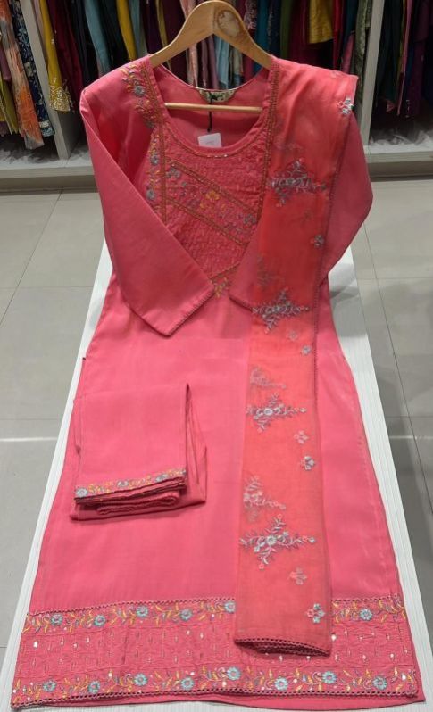Ladies Light Pink Embroidered Silk Suit