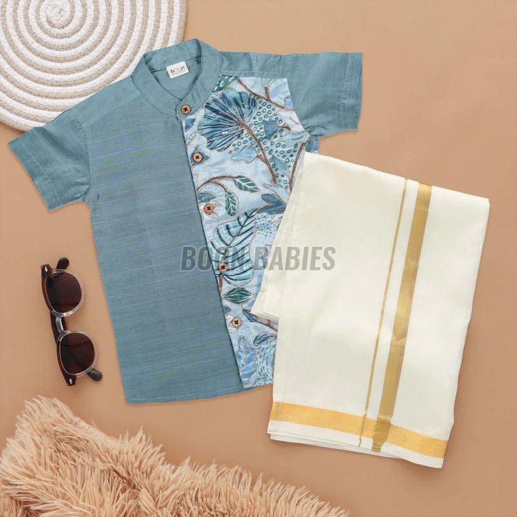 Boys Multicolor Ethnic Silk Shirt & Dhoti Set
